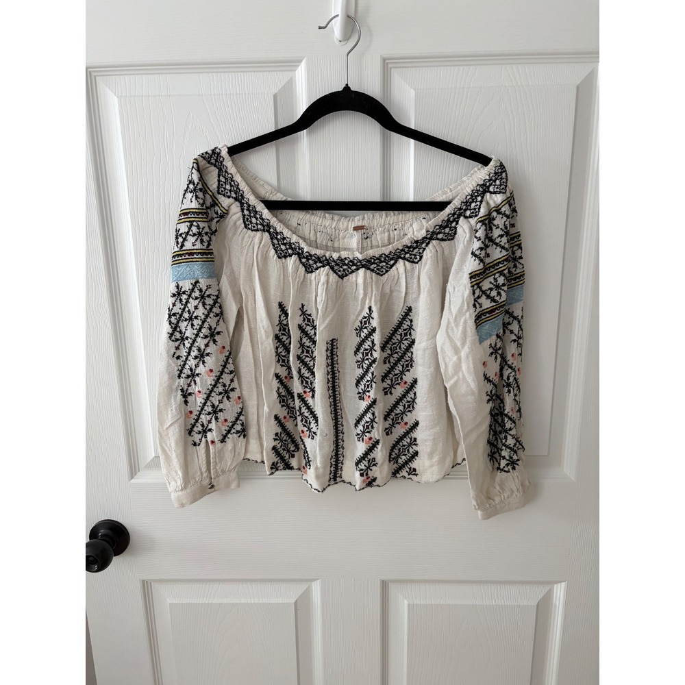 Free People Embroidered Off Shoulder Peasant Blouse Cream Black XS OB433177